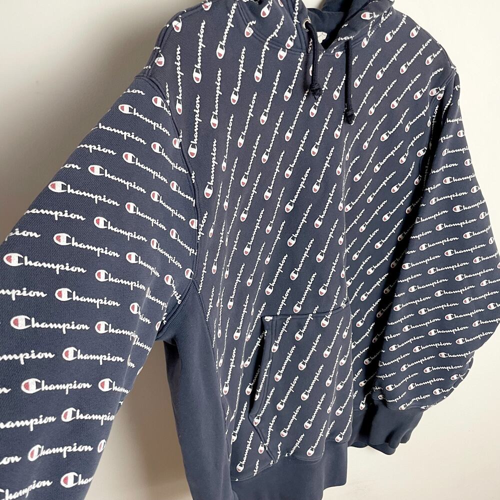 Vintage Y2K Champion Reverse Weave All-Over Logo hoodie‎ XL Streetwear Retro - Picture 2 of 8
